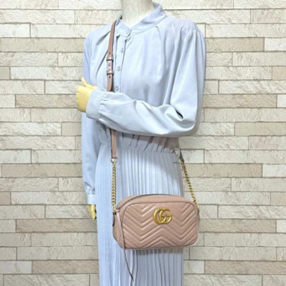 Gucci Marmont Leather Chain Shoulder Bag Beige Camera GG